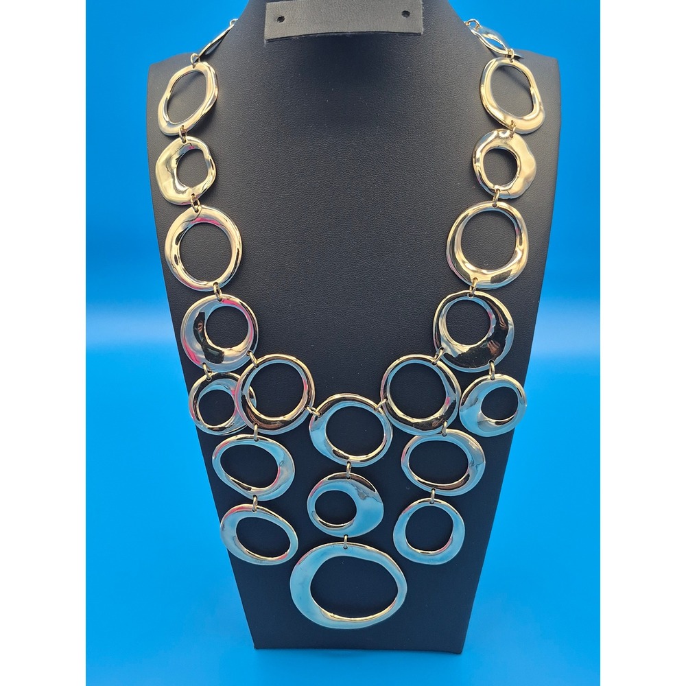 St. Thomas Bib Necklace Gold Tone Tiered Open Circle Statement Runway Jewelry